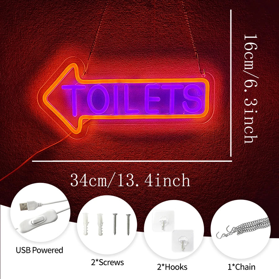 Toilets Neon Sign / Arrow Led Icon Direction Prompt