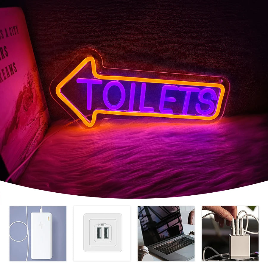 Toilets Neon Sign / Arrow Led Icon Direction Prompt
