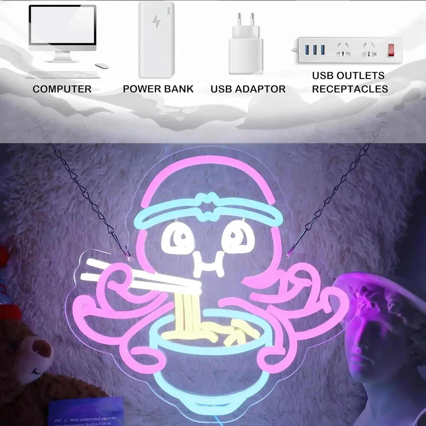 Octopus Eat Ramen LED Neon Light for Wall Decor