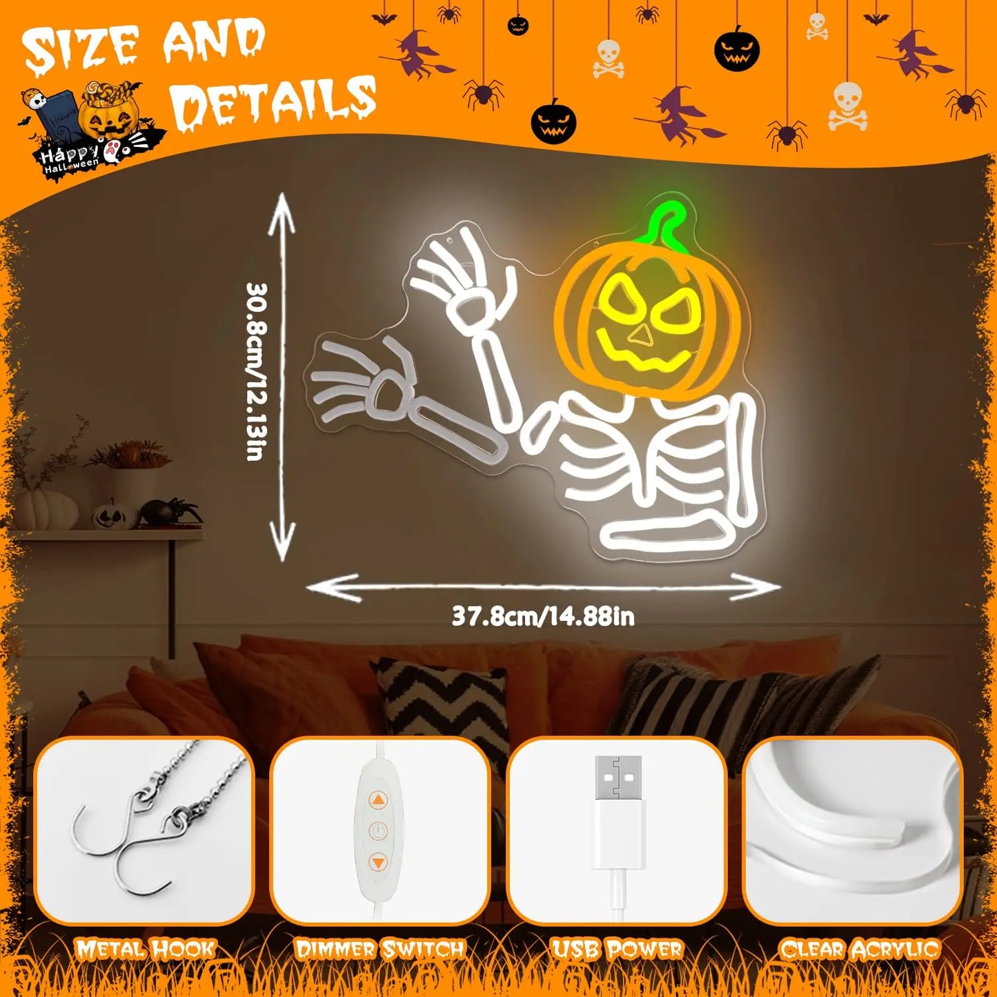 Waving Skeleton Pumpkin Neon Sign